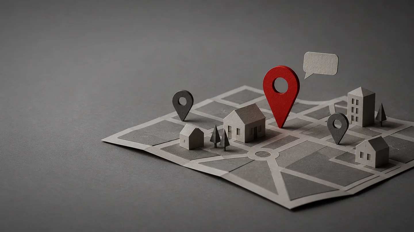 A folded grey paper town map with small paper houses and trees, three map pins with one red pin standing tallest, and a blank paper speech bubble above it
