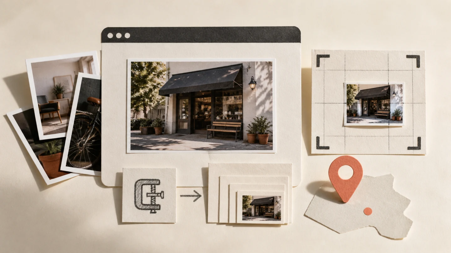 Tactile paper storefront photographs, crop guides, and compression layers illustrating an image SEO workflow for local businesses