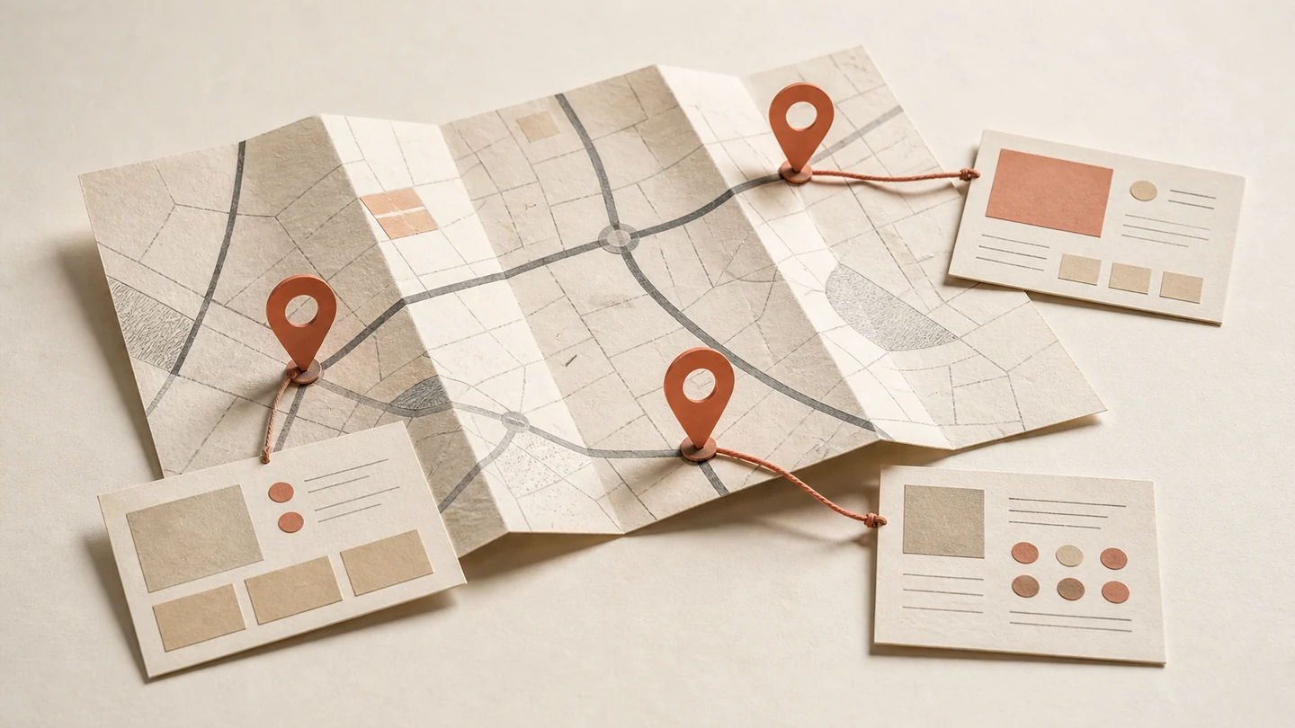 Folded paper street map with three coral location pins connected to distinct local service pages