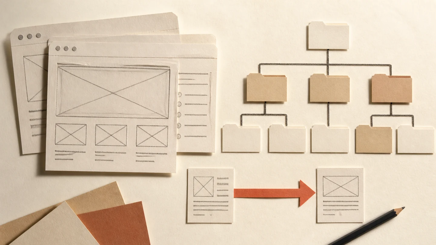 Paper website wireframes, URL folders, and a coral redirect arrow illustrating an SEO-safe website redesign plan