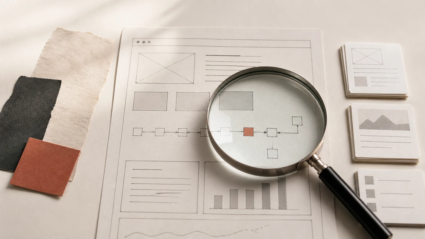 Magnifying glass over a paper website audit with crawl paths, chart blocks, and one coral issue marker