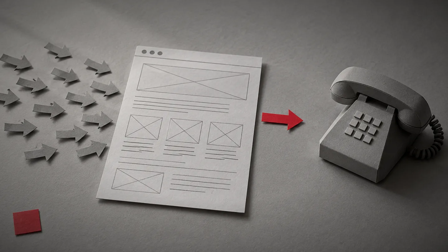 Paper arrows streaming into a paper website wireframe, with one red arrow pointing toward a silent paper telephone