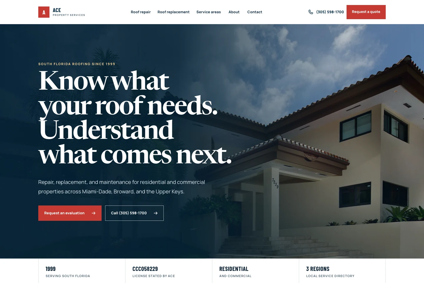 Ace Property Services roofing website homepage with a South Florida home, service navigation, and estimate call to action